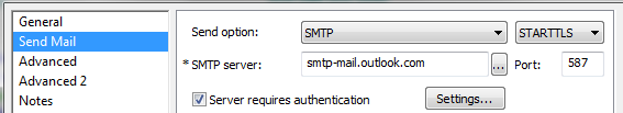 Which includes &quot;SMTP&quot; protocol using &quot;smtp-mail.outlook.com&quot; Server address on Port 587.
