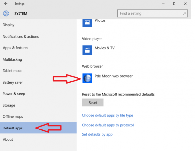 Windows 10 Default Apps settings (you would of course set you default to Firefox instead of Pale Moon)