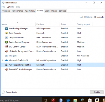 Make sure you have the above in Task Manager (detail view) regarding POP Peeper listed and enabled.