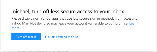 Yahoo less secure apps nag