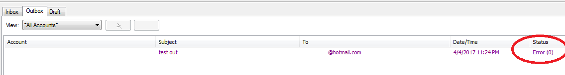 The error generated will be &quot;error (0)&quot; and message will remain in PP outbox until &quot;Sent option&quot; is changed to &quot;SMTP&quot;.