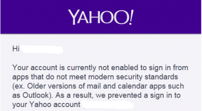 Without support for OAuth2 Yahoo will require &quot;less secure apps&quot; to be enabled in Yahoo.