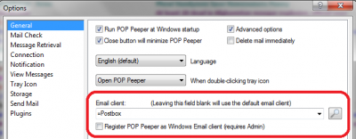 POP Peeper Email Client settings (mine is set to the Postbox Email Client)