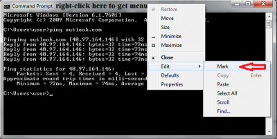 Right-Click in frame area to get context menu. Select &quot;Mark&quot;, then drag mouse to select what to copy.