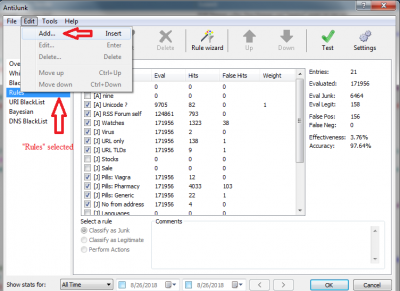 Go to &quot;Tools&quot;&gt;&quot;Junk&quot;&gt;&quot;Main interface...&quot; and select (click on) &quot;Rules&quot; -- then as illustrated in the screen-shot click on &quot;Edit&quot; &gt; &quot;Add&quot; to create the new rule.