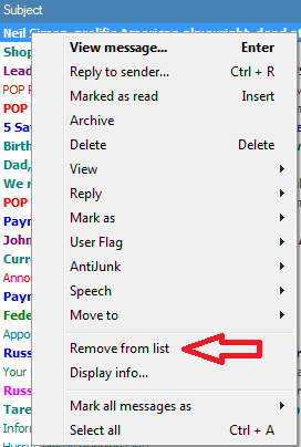 right-clicking on a message and selecting &quot;Remove from list&quot; will temporarily remove message from PP inbox -- until the next Mail Check is done.