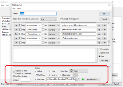 Note all of the actions that can be assigned to a specific &quot;Rule Set&quot; (in this case SPAM messages AntiJunk rule).  <br />(FYI: Clicking on the image will enlarge the screen-shot for improved readability - use the browser back-arrow to return to the topic if you do this)