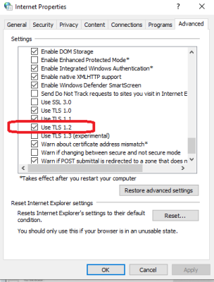 Make sure you've enabled (checked) TLS 1.2.