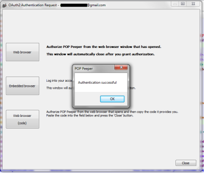 Final POP Peeper dialog declares authentication as successful.