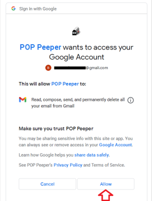 Prompt to allow POP Peeper full access to your Gmail Account