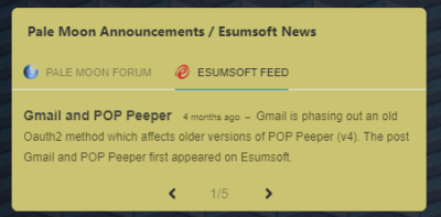 Notice there are 5 &quot;News&quot; Announcements listed for Esumsoft (the &quot;1/5&quot; you see at the bottom of the Widget represents the most current among 5) that can be accessed by clicking through the 1-5 Esumsoft &quot;News&quot; items the feed provides.<br />Clicking on the most recent &quot;Gmail and POP Peeper&quot; link (1 of 5 in this case) will open the relevant webpage to access the entire &quot;News&quot; on the topic.  (Once a link is clicked-on the link will no longer be displayed as bold to indicate that the &quot;News&quot; item has been read)