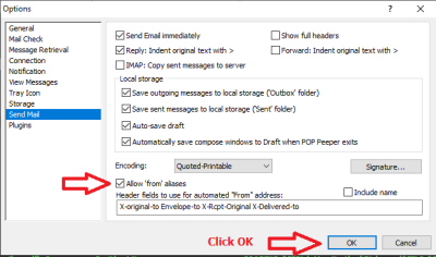 Check the box &quot;Allow 'from' aliases&quot; and then Click the &quot;OK&quot; button to enable both the &quot;Advanced options&quot; you checked previously as well as the &quot;Allow 'from' aliases&quot; option in this Interface. (click on image to enlarge, use browser back-arrow to return to forum topic)