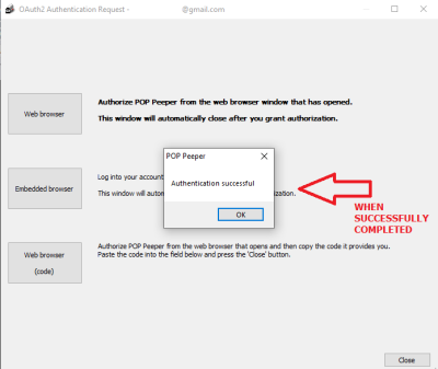 If the &quot;Oauth2&quot; process completes successfully you will encounter this prompt in POP Peeper