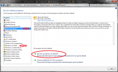 Selecting default Email Client via WIN7.