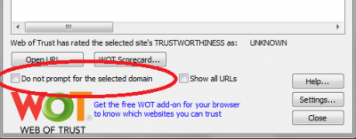Check box circled to avoid WOT prompt for this domain