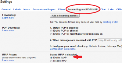 In the tab circled make sure you have IMAP enabled