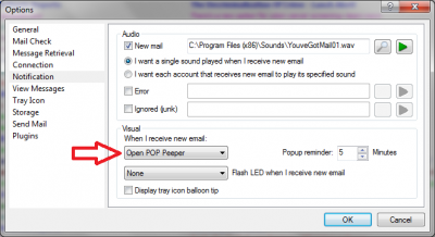 Notification Option to Open Pop Peeper Interface when new mail arrives