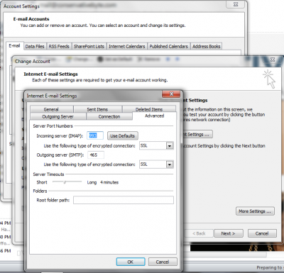 Outlook 2010 Advanced Account setting using IMAP example