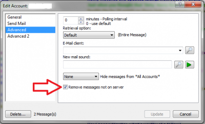 POP Peeper Advanced Account setting where messages will be removed if not on the Server